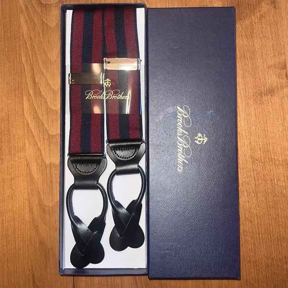 NEW Brooks Brothers Suspenders Braces Navy Blue Adjustable Red Wine Leather XL - Picture 1 of 7